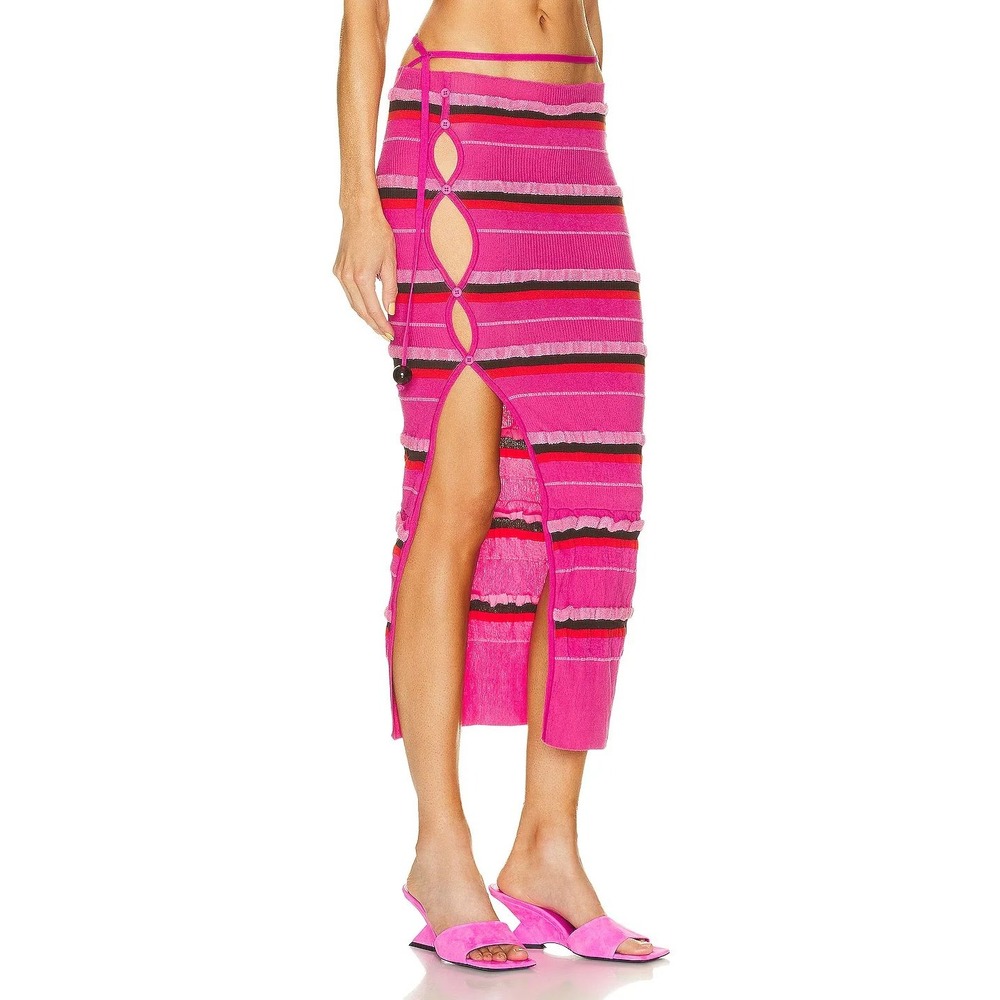 Jacquemus Skirt Womens 38 Pink Striped Knit Ruffle Cutout Midi